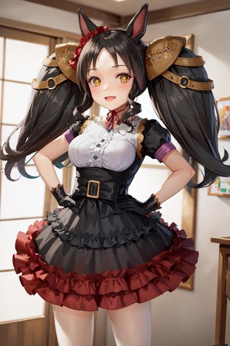 00024-721685825-), smile, looking at viewer, hand on hip, black hair, twintails, hair ornament, +_+, secondary outfit, black frilled dress.jpg